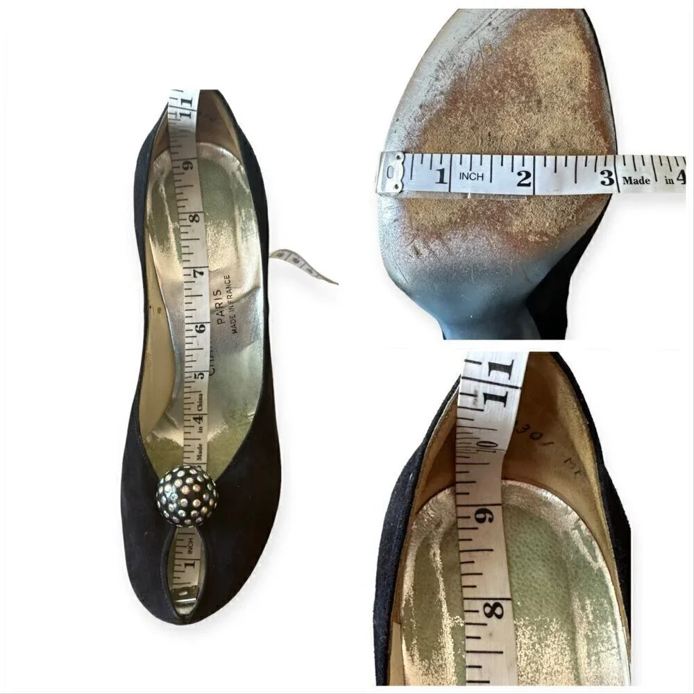 Vintage Charles Jourdan‎ Black Suede Heel with Rhinestone Ball. Size 7 2A